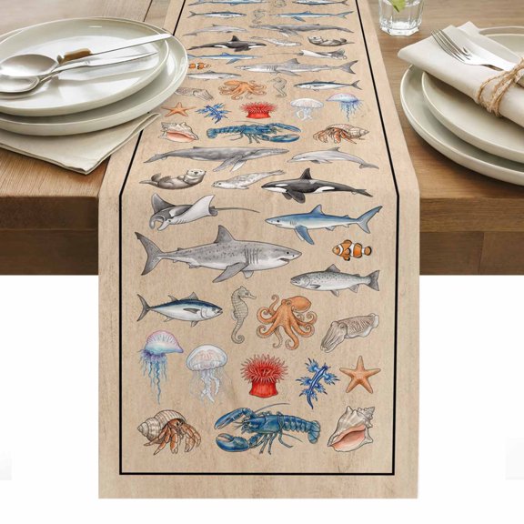 Marine Life Cotton Linen Table Runner Retro Shark Whale Lobster Jellyfish Linen Texture Dining Table Runners for Home Decor Party Dining Room Restaurant Kitchen Party 13" x 48"