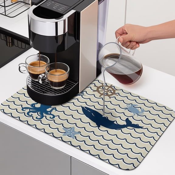 Marine Life Dish Drying Mats for Kitchen Counter, Ocean Nautical Beach Octopus Crab Sailboat Beige Absorbent Coffee Bar Mat with Non-slip Rubber Backed Quick Drying Dish Rack Pad 12"x16"