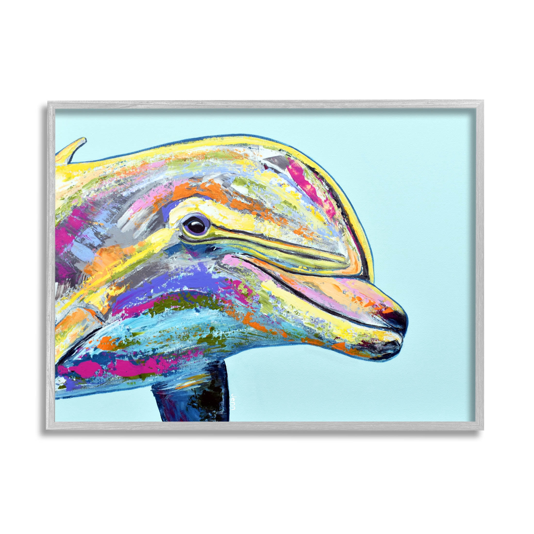 Marine Life Dolphin Turquoise Accent Animals & Insects Graphic Art Gray Framed Art Print Wall Art