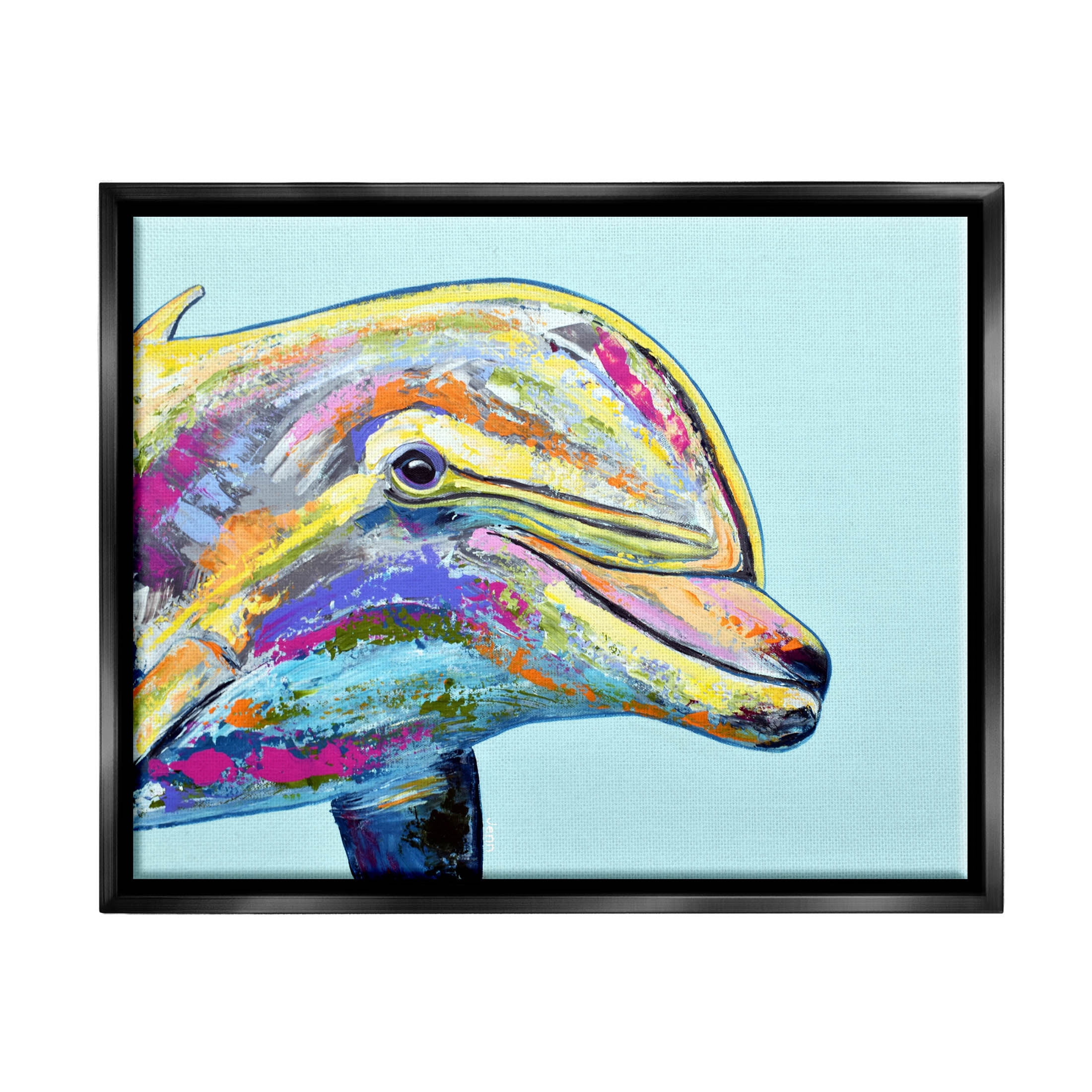 Marine Life Dolphin Turquoise Accent Animals & Insects Graphic Art Jet Black Framed Art Print Wall Art