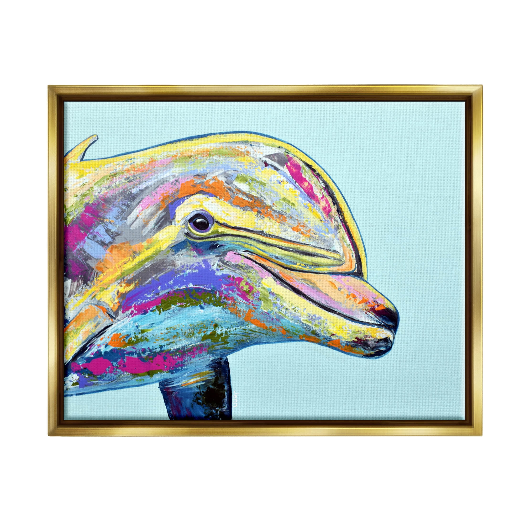 Marine Life Dolphin Turquoise Accent Animals & Insects Graphic Art Metallic Gold Framed Art Print Wall Art