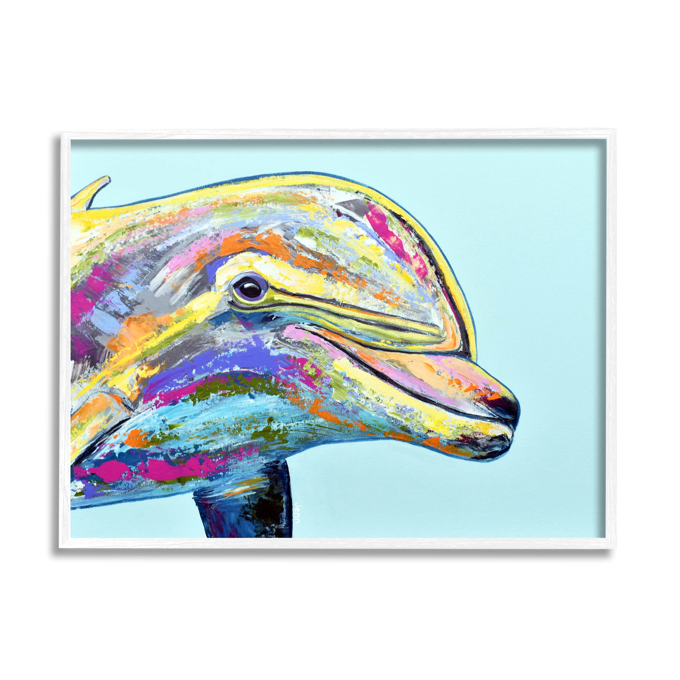 Marine Life Dolphin Turquoise Accent Animals & Insects Graphic Art White Framed Art Print Wall Art