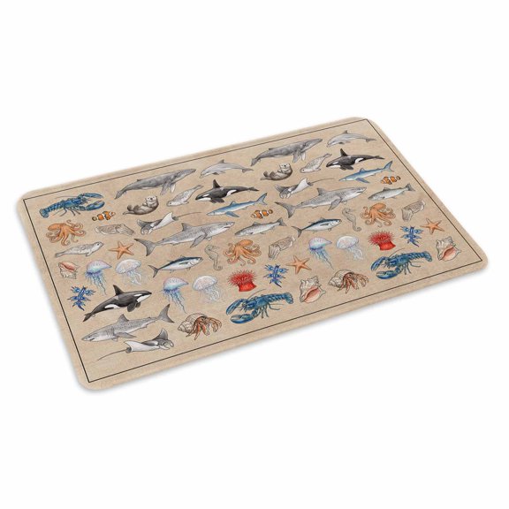 Marine Life Doormat Retro Shark Whale Lobster Jellyfish Linen Texture Non Slip Low Profile Rubber Door Mat Washable Absorbent Indoor Front Door Mat Entryway Rug Entrance Carpet 16x24 Inch