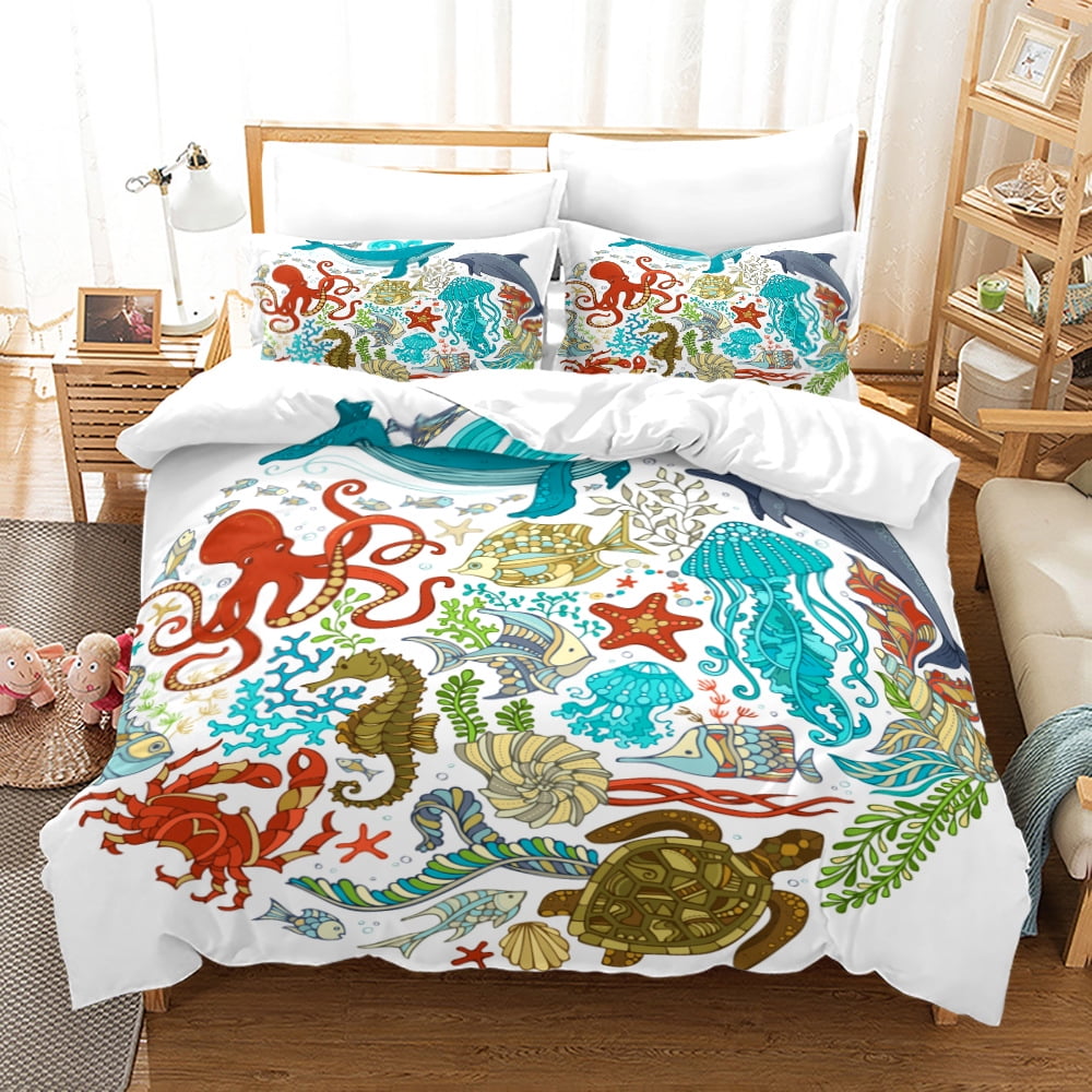 Marine Life Duvet Cover Set,Whale Octopus Crab Tortoise Goldfish Bedding Set 3pcs for Kids Teens