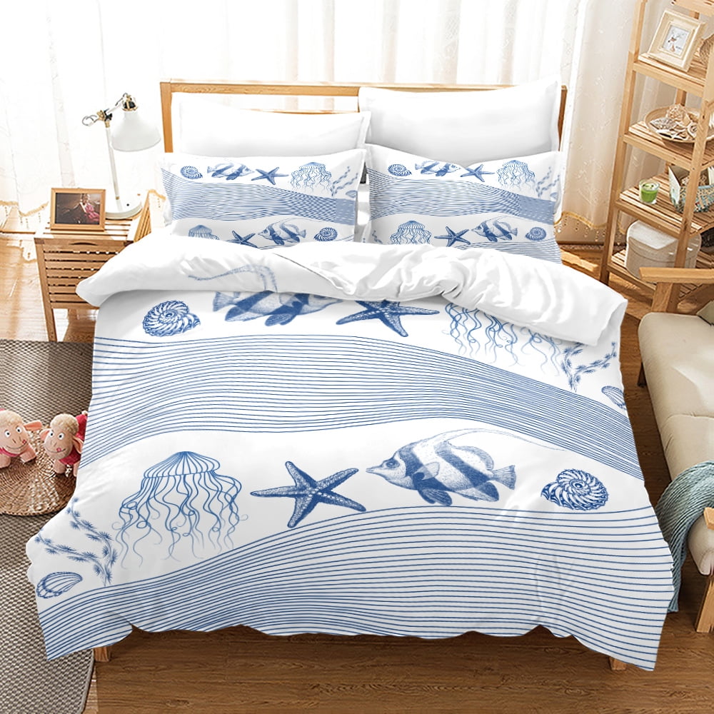 Marine Life Duvet Cover Set,Whale Octopus Crab Tortoise Goldfish Bedding Set 3pcs for Kids Teens