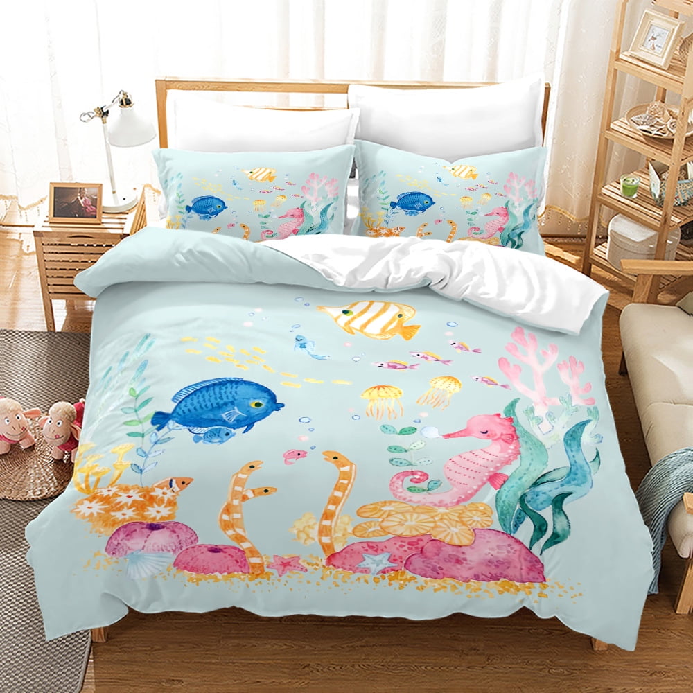 Marine Life Duvet Cover Set,Whale Octopus Crab Tortoise Goldfish Bedding Set 3pcs for Kids Teens