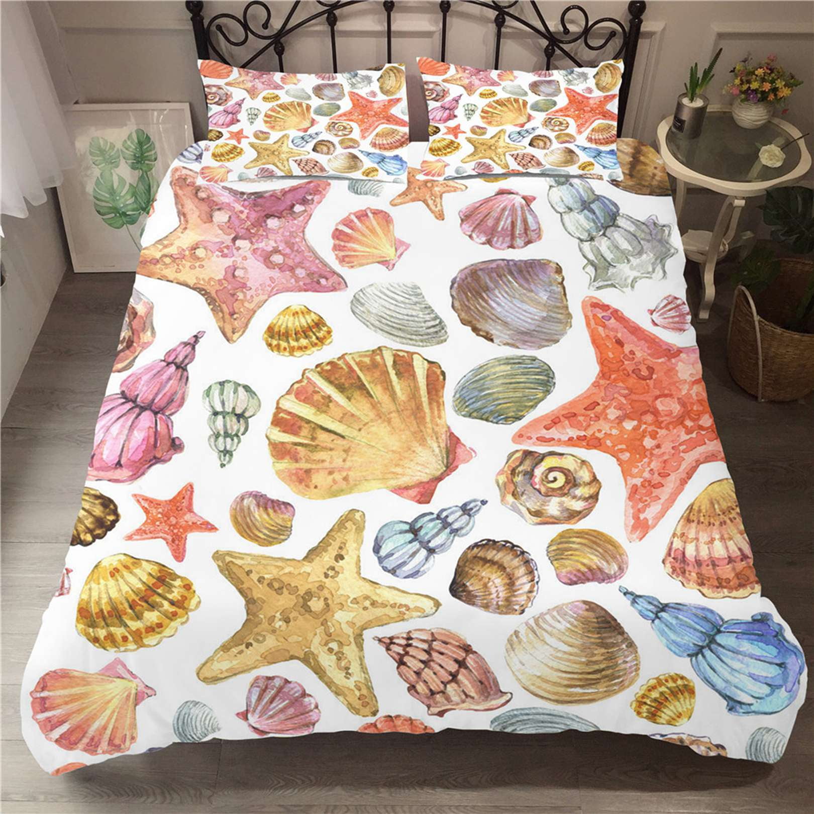 Marine Life Duvet Cover Set,Whale Octopus Crab Tortoise Goldfish