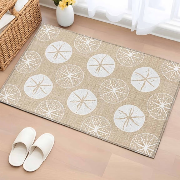 Marine Life Entryway Rug 2'x3' Summer Beach Sea Biscuit Sand Dollar Linen Texture Small Area Rug Non-Slip Front Door Mat Washable Floor Carpet for Indoor Entrance Kitchen Bathroom