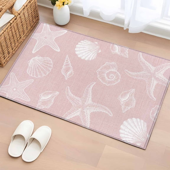 Marine Life Entryway Rug 2'x3' Non Slip Front Door Mats, Summer Ocean Starfish Conch Seashell Pink Entrance Rugs Indoor Outdoor Carpet, Washable Floor Mats Small Area Rug for Bedroom Kitchen