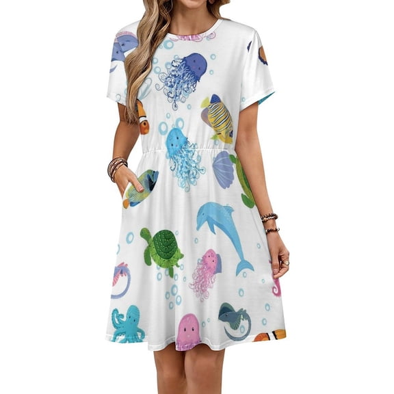 Marine Life, Fish, Animals Bright Sundress Short Sleeve Dress Summer Women Clothes Dress for Women Dresses