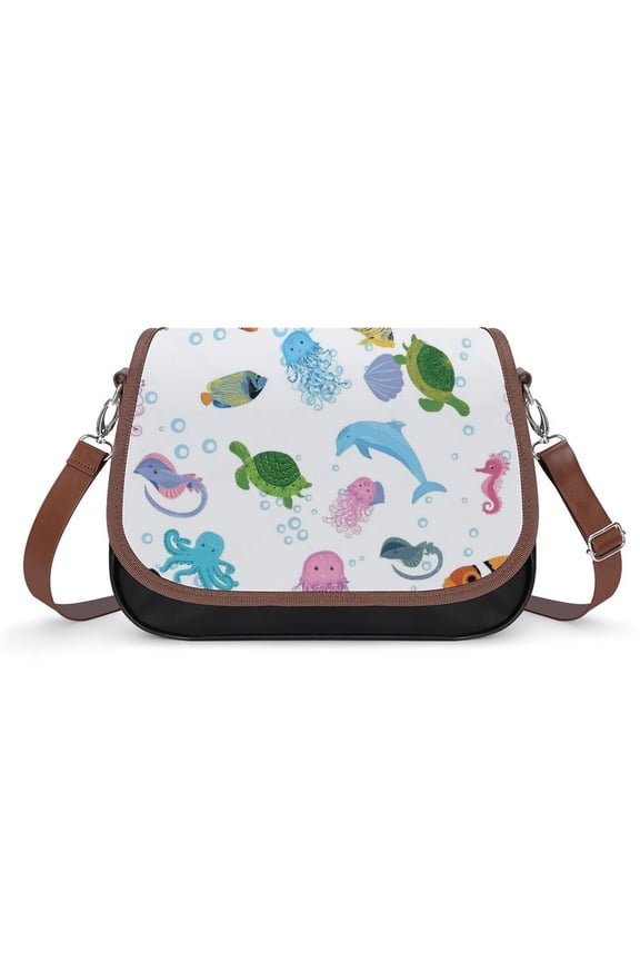Marine Life, Fish, Animals Bright Vintage Crossbody Bag for Women Medium Leather Hobo Bags Shoulder Bag Classic City Leather Satchels