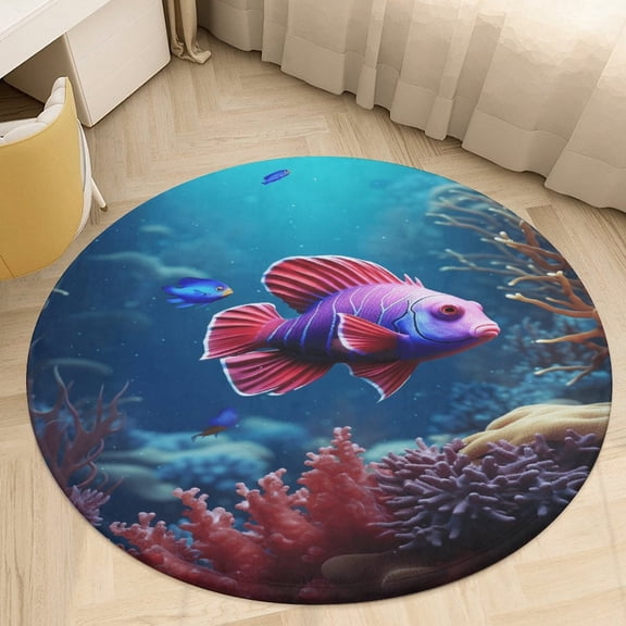 Marine Life Fish Round Area Rugs for Bedroom Living Room, 4FT Soft Indoor Circle Carpets, Carpet Home Decor Floor Mat