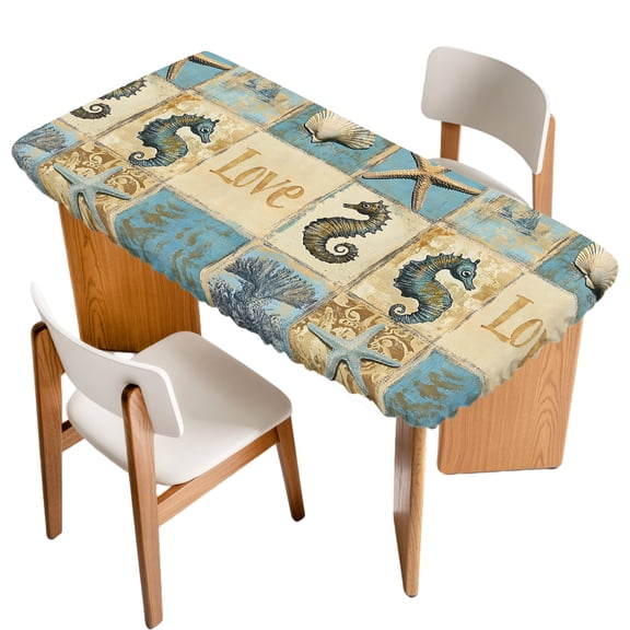 Marine Life Fitted Rectangle Tablecloth 24" x 36" Starfish and Shell Retro Ocean Conch Elastic Table Cloth Fits for 3 Foot Folding Tables Waterproof Table Cover for Picnic Camping Outdoor