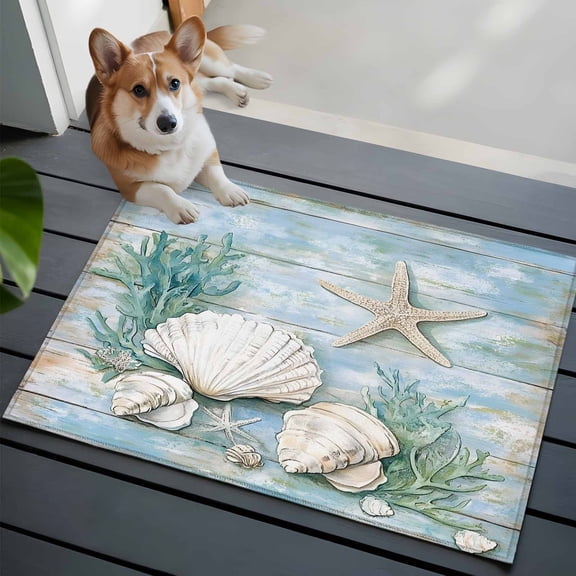 Marine Life Front Door Rugs 2x3 ft Coral Starfish Blue Wood Grain Small Rug for Entryway Non Slip Washable Bathroom Door Mat Absorbent Floor Mat for Indoor Entrance
