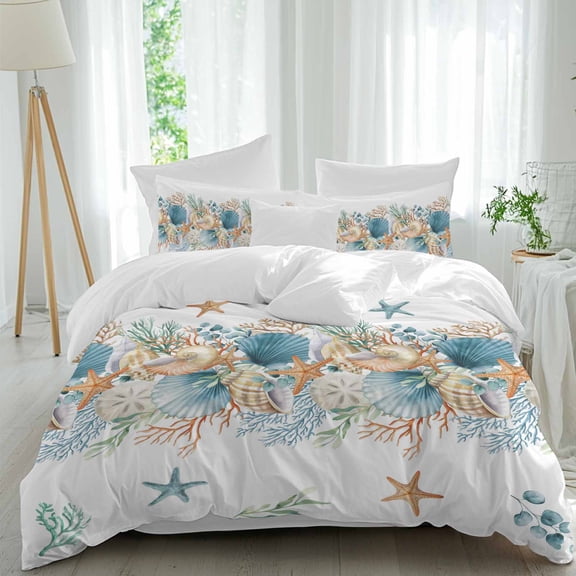 Marine Life Full Size Comforter Set, Blue Shell Starfish Coral Eucalyptus Leaves Bedding for All Seasons, 4 Pcs Bed Set, 1Quiltcover (86"x86") ,1Sheet(80"x116"), 2Pillowcases (30"x20")