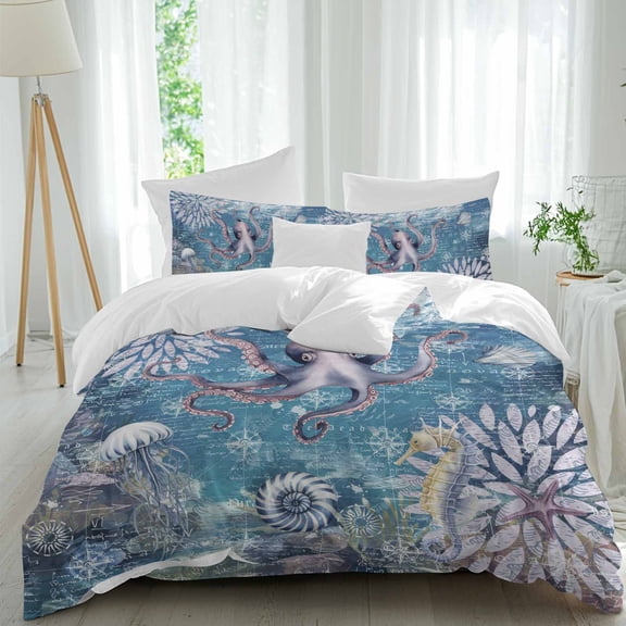 Marine Life Full Size Comforter Set, Octopus Shells Seahorse Retro Nautical Ocean Bedding for All Seasons, 4 Pcs Bed Set, 1Quiltcover (86"x86") ,1Sheet(80"x116"), 2Pillowcases (30"x20")