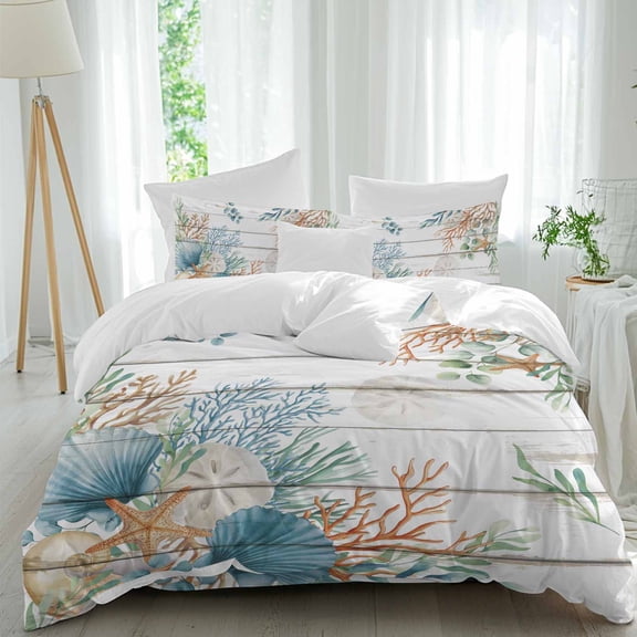 Marine Life Full Size Comforter Set, Shell Coral Eucalyptus Leaves Wood Grain Bedding for All Seasons, 4 Pcs Bed Set, 1Quiltcover (86"x86") ,1Sheet(80"x116"), 2Pillowcases (30"x20")