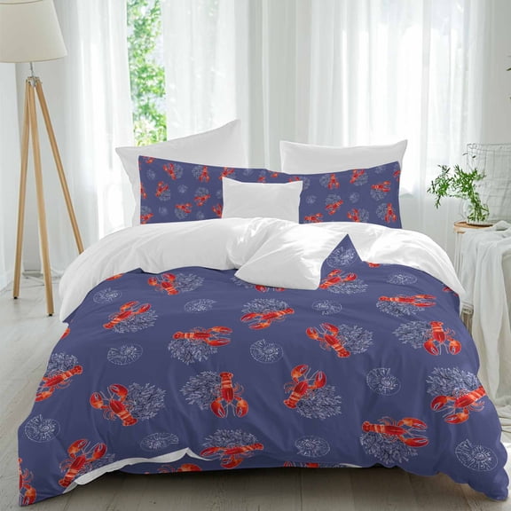 Marine Life Full Size Comforter Set, Vintage Red Lobster Shell Coral Bedding for All Seasons, 4 Pcs Bed Set, 1Quiltcover (86"x86") ,1Sheet(80"x116"), 2Pillowcases (30"x20")