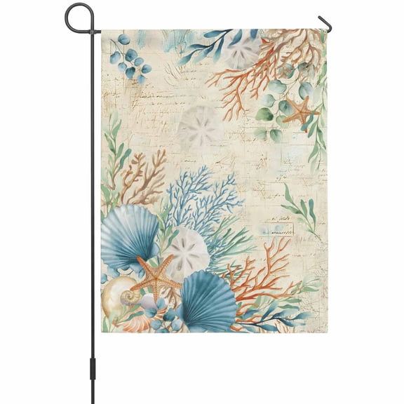 Marine Life Garden Flag 12 x 18 Inches, Blue Shell Coral Eucalyptus Leaves Vintage Paper Weather Proof Outdoor Patio Flags Double Sided Small Garden Decoration for Yard Outside Home