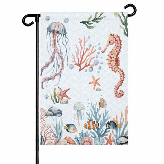 Marine Life Garden Flag 12x18 Inch Seahorse Coral Jellyfish Fish Summer Cartoon Oceans Double Sided Small Decorative Garden Flags for Outside, Outdoor Yard Porch Lawn Decoration