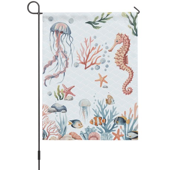 Marine Life Garden Flags For Outdoor, Seahorse Coral Jellyfish Fish Summer Cartoon Oceans Small Double Side Yard Flags Weather Proof Garden Decor for Lawn Outside Holiday 12 x 18 Inches