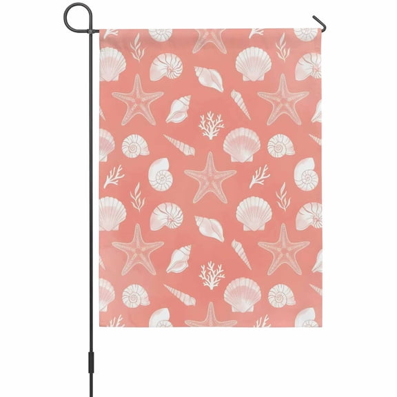 Marine Life Garden Flags For Outdoor, White Starfish Shell Conch Coral Gradient Red Small Double Side Yard Flags Weather Proof Garden Decor for Lawn Outside Holiday 12 x 18 Inches