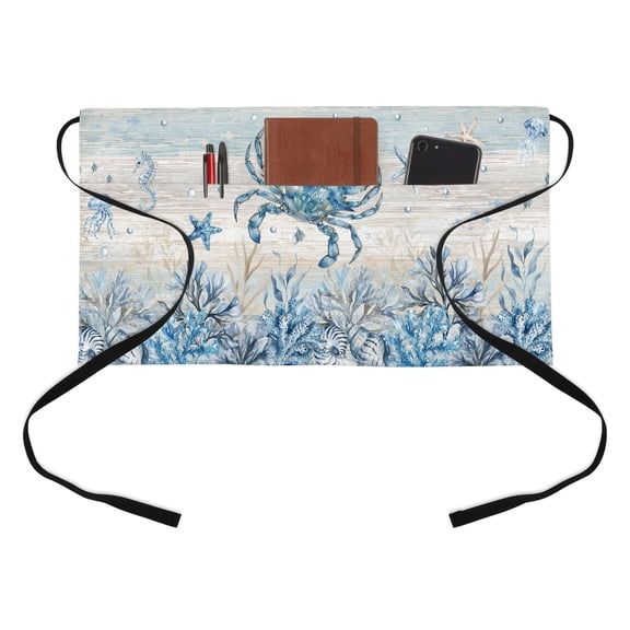 Marine Life Half Waist Apron Ocean Crab Coral Starfish Seashell Jellyfish Coastal Short Waiter Aprons with 3 Pockets for Women Men Kitchen Restaurant Cooking