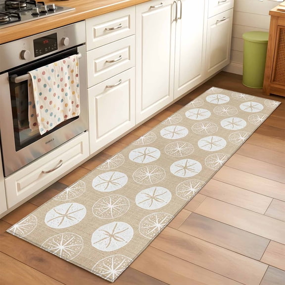 Marine Life Hallway Washable Runner Rug 2x6 Summer Beach Sea Biscuit Sand Dollar Linen Texture Kitchen Runner Mat with Non Slip Backing Low Pile Thin Floor Carpet for Indoor Bedroom Living Room