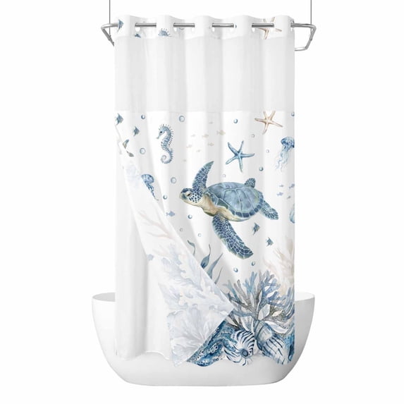 Marine Life No Hook Shower Curtain with Snap in Liner Watercolor Ocean Turtle Coral Starfish Seashell Coastal Waterproof Bathroom Shower Curtain with See Through Top Window for Bathtub 36" x 72"