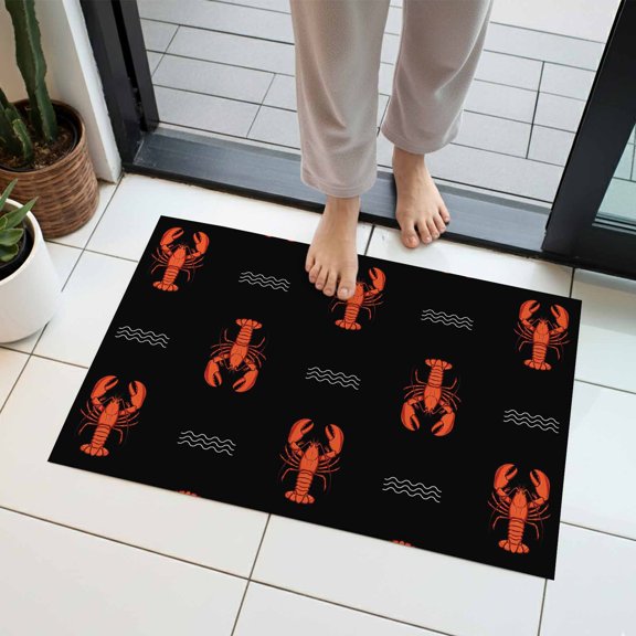 Marine Life Indoor Door Mat 16x24 Inch Red Lobster Ocean Wave Abstract Summer Black Front Door Mat Non Slip Washable Entryway Rug Low Profile Dirt Trapper Doormat for Bathroom Kitchen Bedroom