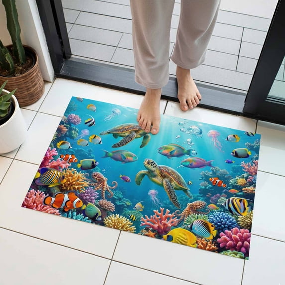 Marine Life Indoor Door Mat 18x30 Inch Sea Turtles Fish Coral Octopuses Jellyfish Oceans Front Door Mat Non Slip Washable Entryway Rug Low Profile Dirt Trapper Doormat for Bathroom Kitchen Bedroom