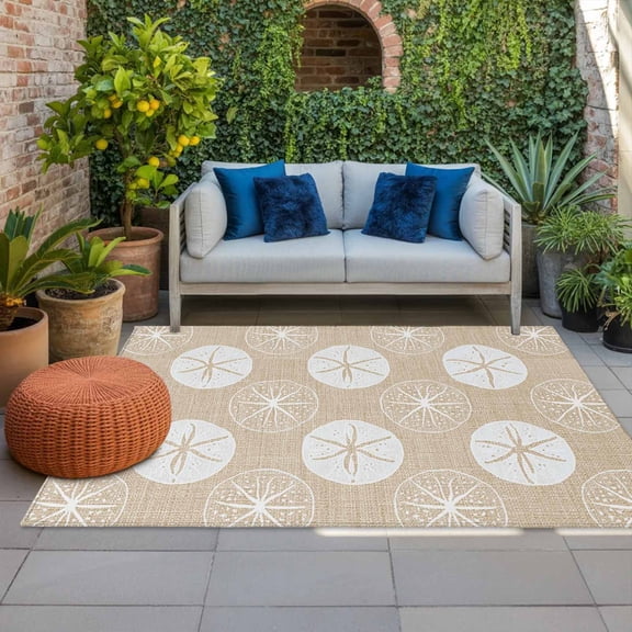 Marine Life Indoor Outdoor Rugs 4x6 Ft, Summer Beach Sea Biscuit Sand Dollar Linen Texture Outdoor Patio Rugs Mat Washable Outside Area Rugs Carpet for Porch Deck RV Camping Pool Balcony Backyard