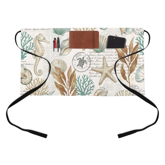 Marine Life Kitchen Restaurant Half Waist Apron, Vintage Starfish Sea turtle Shell Coral Letter Ocean Server Short Apron with 3 Pockets Waterproof Oil Waist Aprons for Women Waitress Waiter