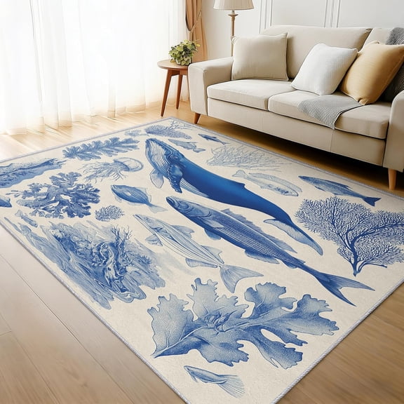 Marine Life Nautical Area Rug, Jellyfish Whale Fish Design Indoor Carpet, Washable Non Slip Low Pile Soft Thin Rug for Living Room Bedroom Home Decor Mat 2x3ft