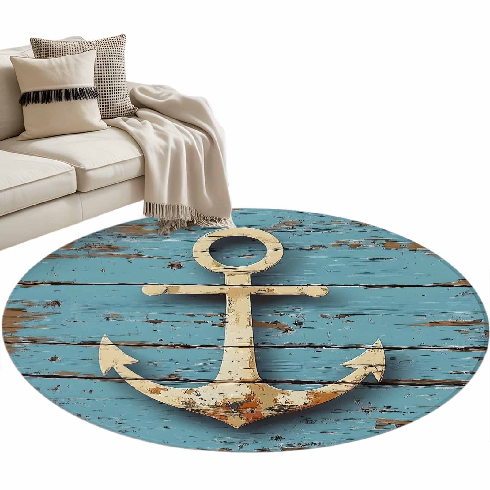 Marine Life Nautical Round Area Rug 4ft Vintage Anchor Tear Wood Grain ...