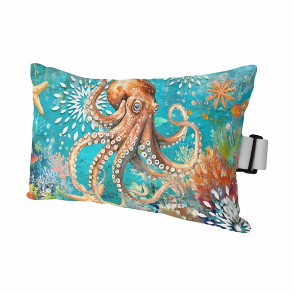 Marine Life Octopus on Green Outdoor Pillow for Chaise Lounge Chair,Monster Starfish Coral Waterproof Headrest Lumbar Pillows with Insert&Elastic Strap for Patio Pool Garden Chairs Decor,1 Pack