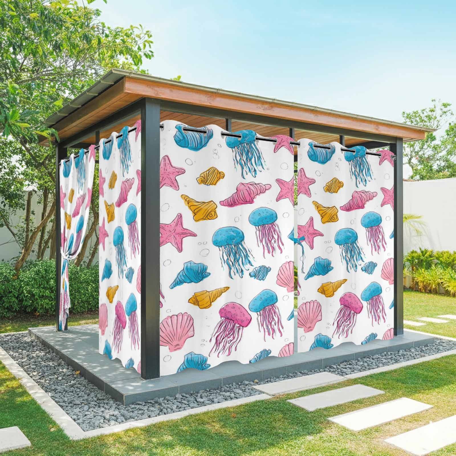 Marine Life Outdoor Curtains for Patio, Nautical Ocean Pink Blue Yellow Jellyfish Starfish Shell Sunshade Privacy Drapes Grommet Waterproof Outside Curtains for Porch Balcony 54"x 108", 1 Panel