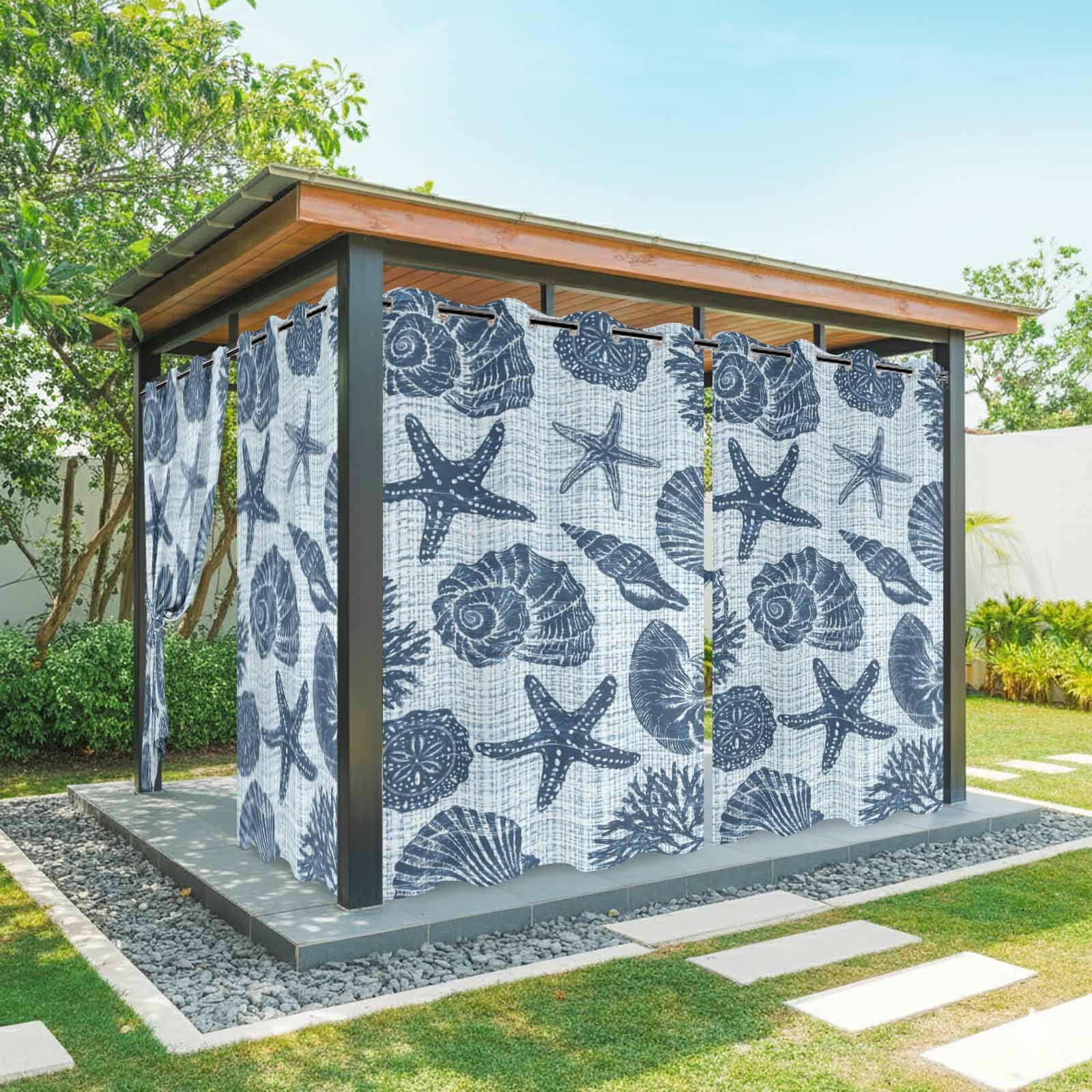 Marine Life Outdoor Curtains for Patio, Navy Starfish Conch Coral Linen Texture Ocean Sunshade Privacy Drapes Grommet Waterproof Outside Curtains for Porch/Cabana/Balcony 54"x 108", 1 Panel