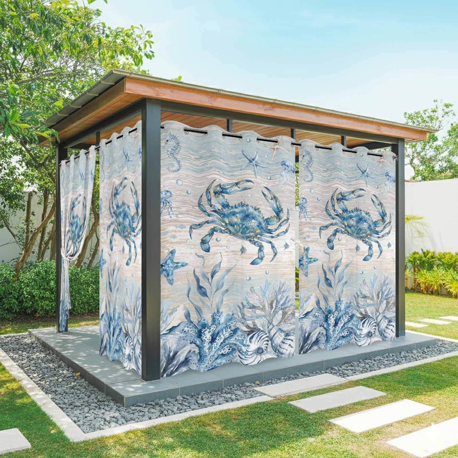 Marine Life Outdoor Curtains for Patio, Ocean Crab Coral Starfish Seashell Jellyfish Coastal Sunshade Privacy Drapes Grommet Waterproof Outside Curtains for Porch/Cabana/Balcony 54"x 108", 1 Panel