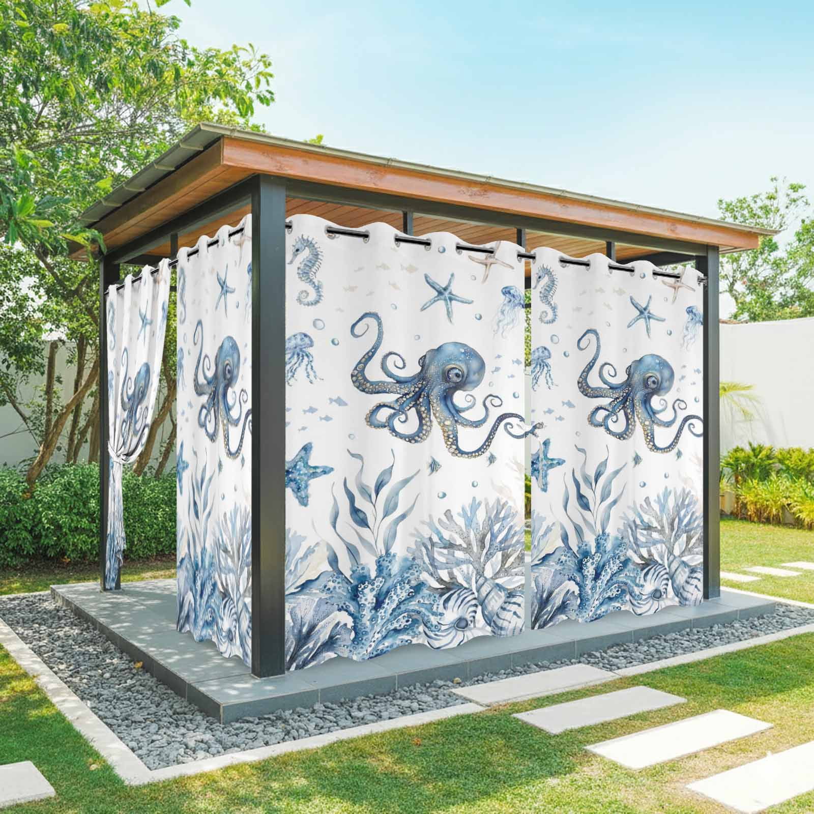 Marine Life Outdoor Curtains for Patio, Ocean Octopus Coral Sea Star Seashell Jellyfish Coastal Sunshade Privacy Drapes Grommet Waterproof Outside Curtains for Porch/Cabana/Balcony 54"x 108", 1 Panel