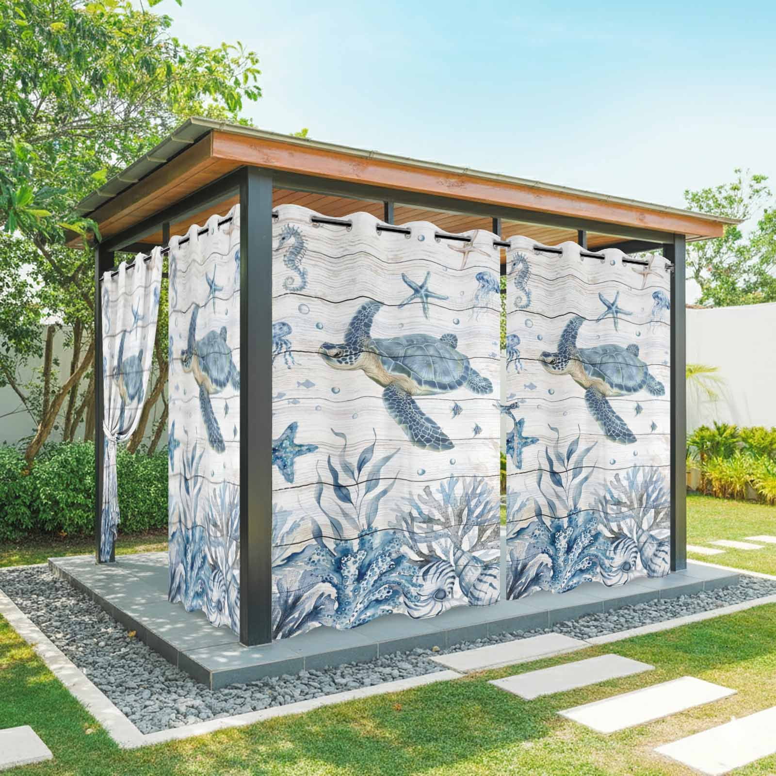 Marine Life Outdoor Curtains for Patio, Ocean Turtle Coral Starfish Seashell Coastal Wood Grain Sunshade Privacy Drapes Grommet Waterproof Outside Curtains for Porch/Cabana/Balcony 54"x 108", 1 Panel