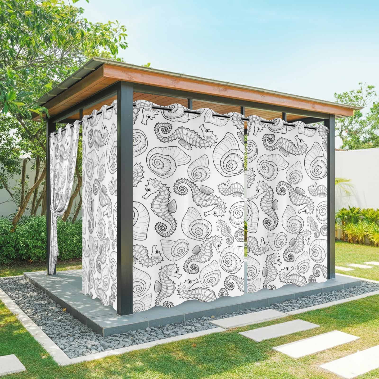 Marine Life Outdoor Curtains for Patio, Oceans Horses Sea Nut Line Sketches Style Black Sunshade Privacy Drapes Grommet Waterproof Outside Curtains for Porch/Cabana/Balcony 54"x 108", 1 Panel