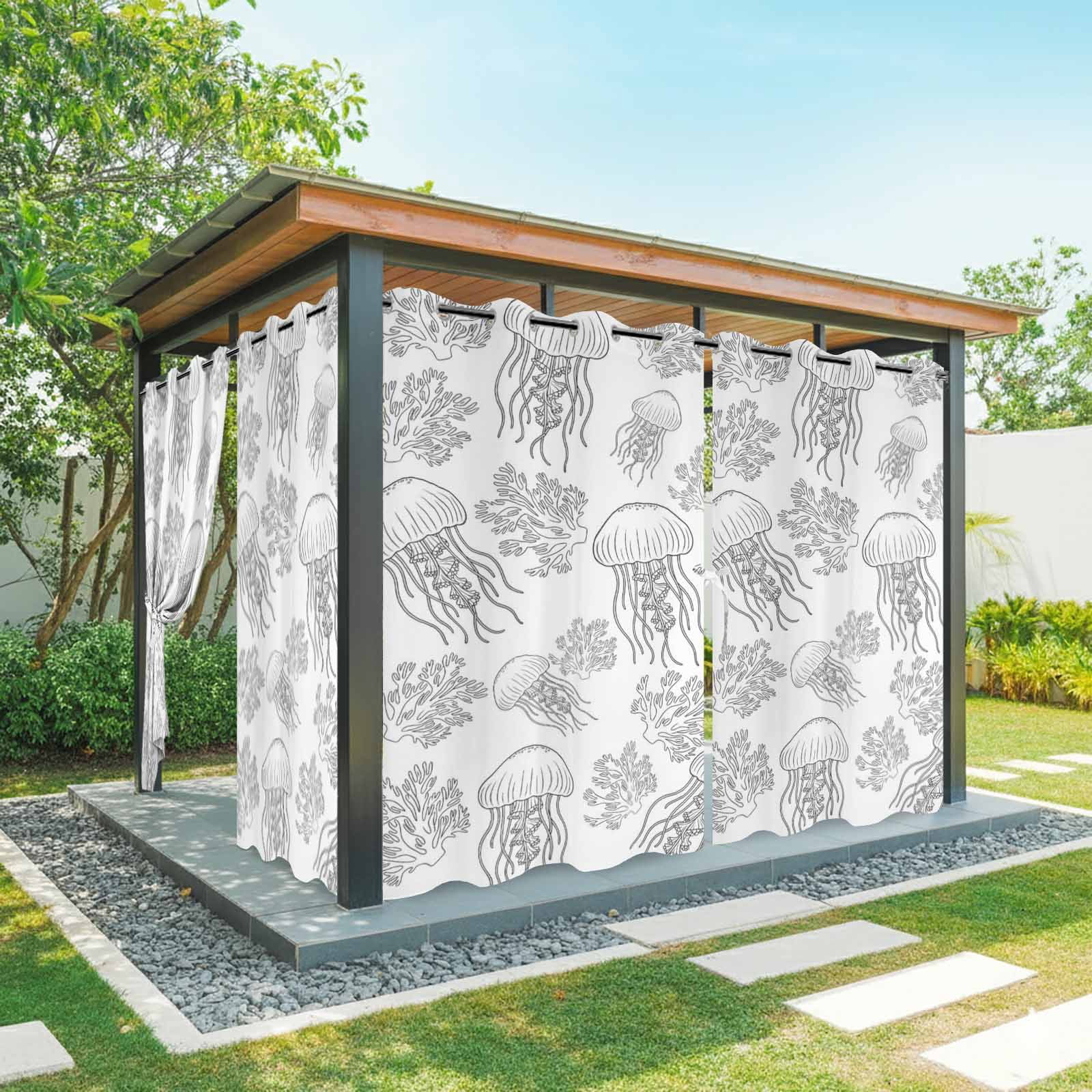 Marine Life Outdoor Curtains for Patio, Oceans Jellyfish Coral Line Sketches Style Black Sunshade Privacy Drapes Grommet Waterproof Outside Curtains for Porch/Cabana/Balcony 54"x 108", 1 Panel