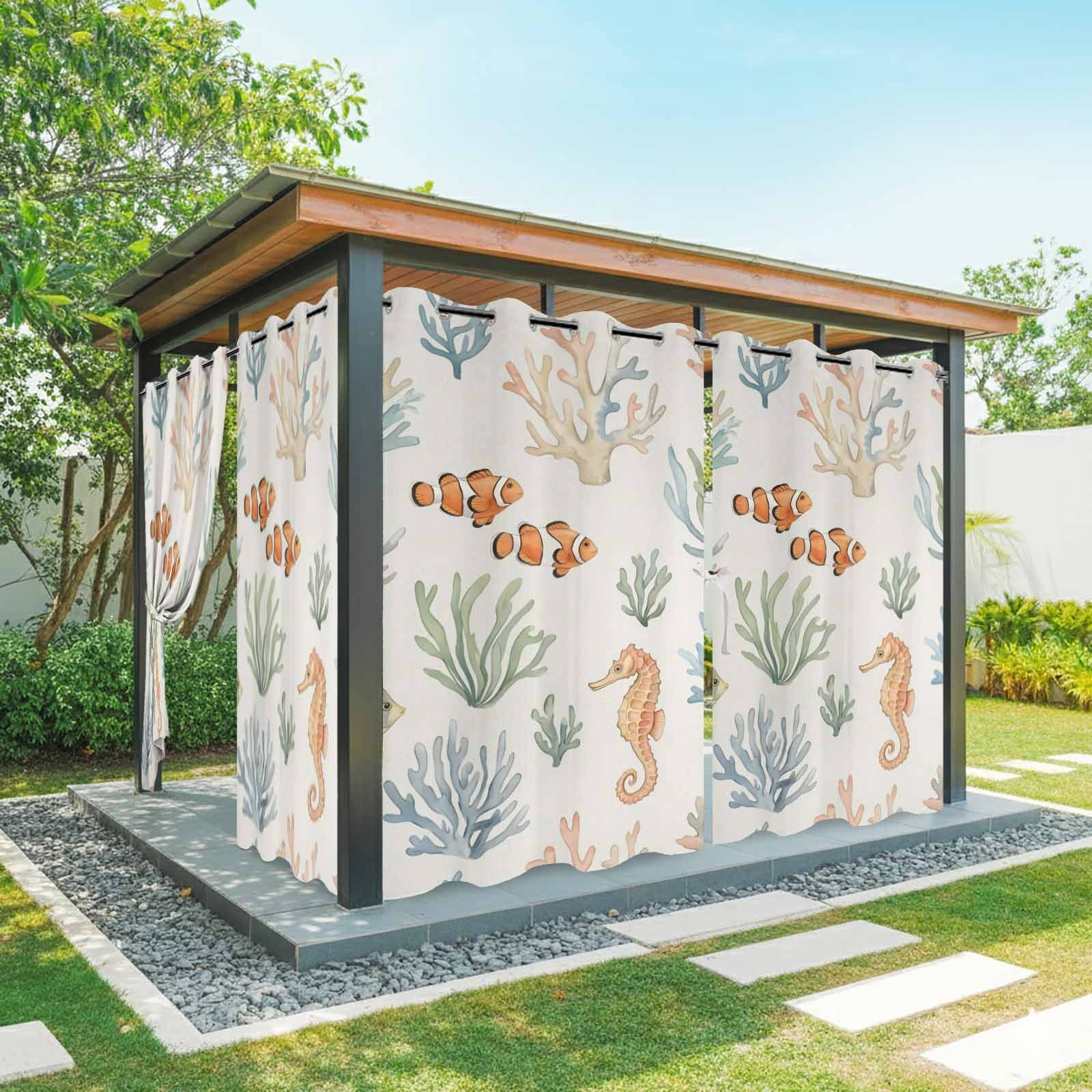 Marine Life Outdoor Curtains for Patio, Watercolor Fish Coral Seahorses Summer Modern Sunshade Privacy Drapes Grommet Waterproof Outside Curtains for Porch/Cabana/Balcony 54"x 108", 1 Panel
