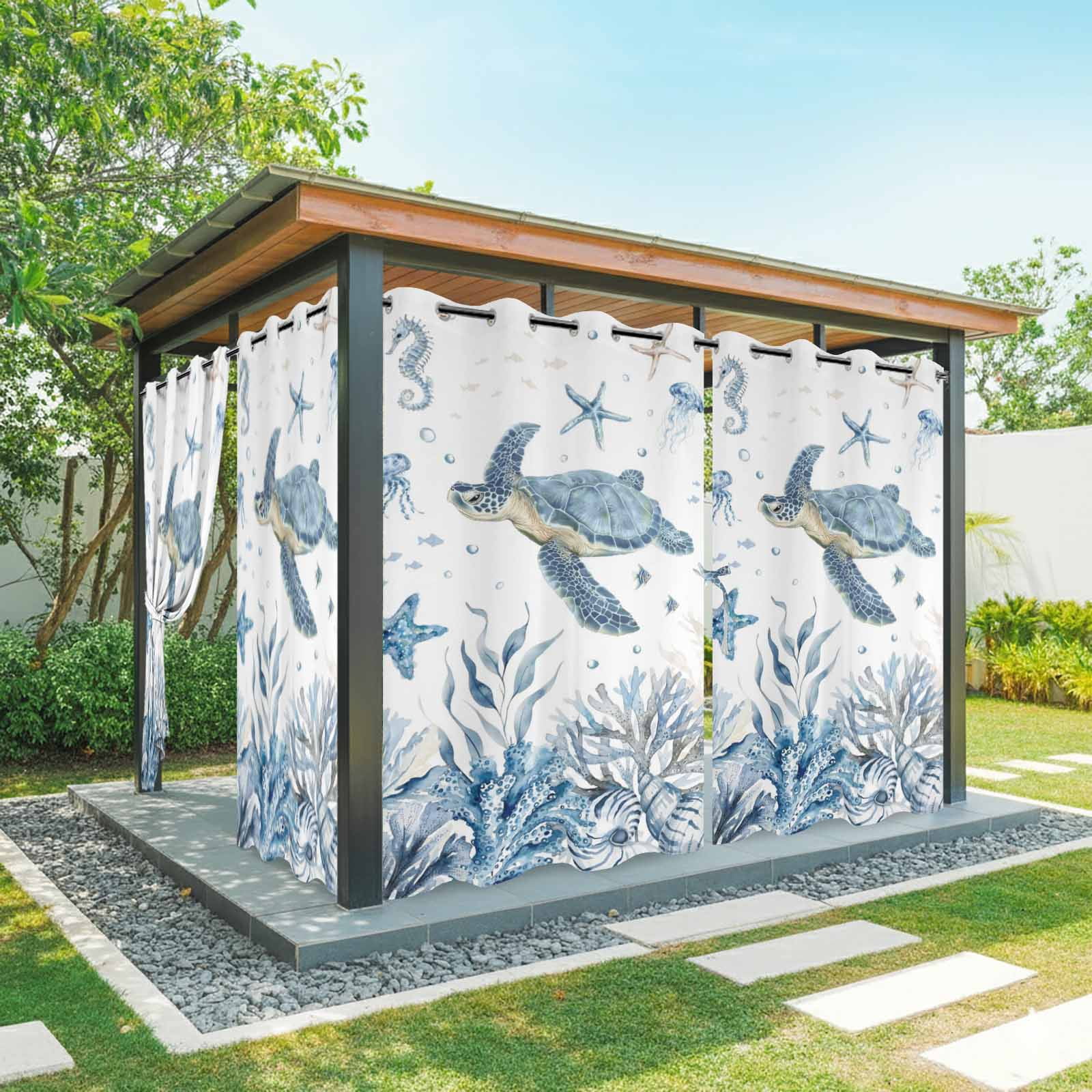 Marine Life Outdoor Curtains for Patio, Watercolor Ocean Turtle Coral Starfish Seashell Coastal Sunshade Privacy Drapes Grommet Waterproof Outside Curtains for Porch/Cabana/Balcony 54"x 108", 1 Panel
