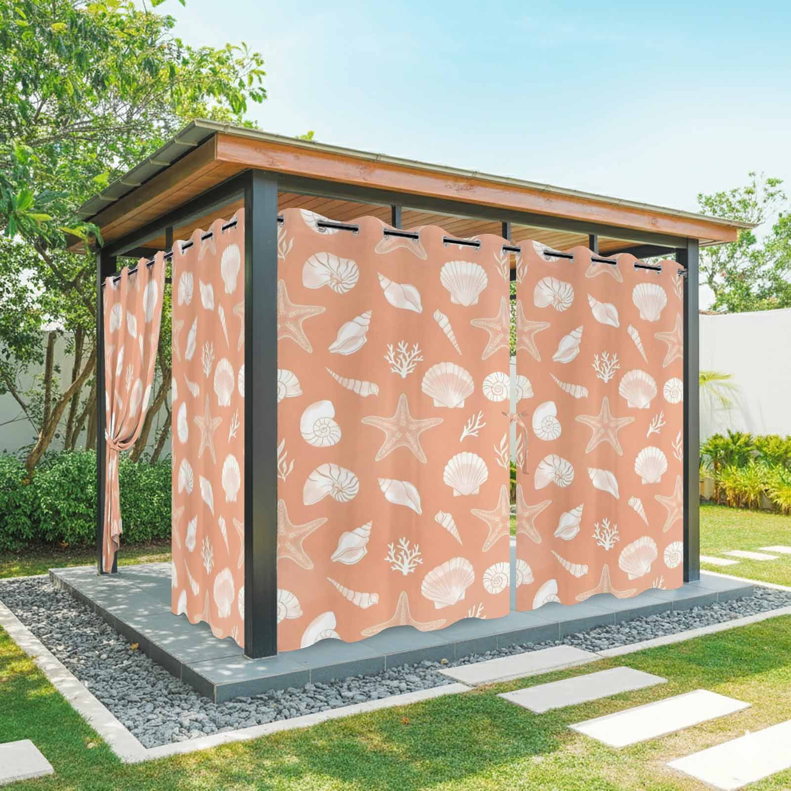 Marine Life Outdoor Curtains for Patio, White Starfish Shell Conch Coral Gradient Orange Sunshade Privacy Drapes Grommet Waterproof Outside Curtains for Porch/Cabana/Balcony 54"x 108", 1 Panel