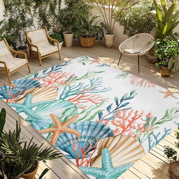 Marine Life Outdoor Rug for Patio/Deck/Porch, Non-Slip Large Area Rug 5 x 7 Ft, Nautical Underwater Coral Shell Starfish Watercolor Indoor Outdoor Rugs Washable Area Rugs, Camping Rug Carpet Runner