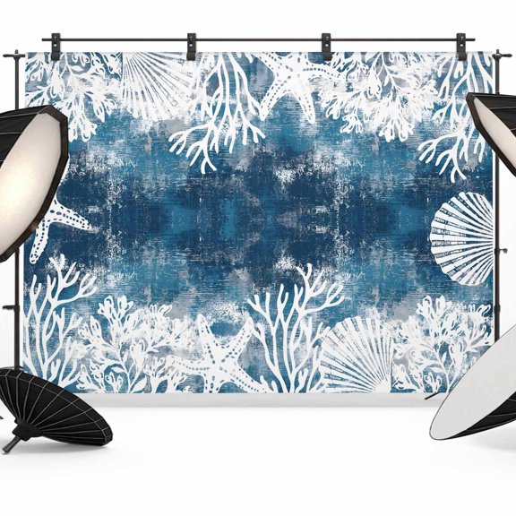 Marine Life Photography Backdrop 7x5FT, Nautical Blue White Coral Starfish Shell TBlue Photo Backdrops, Background for Photography Studio Photo Studio Background, Back Drop for Photoshoot