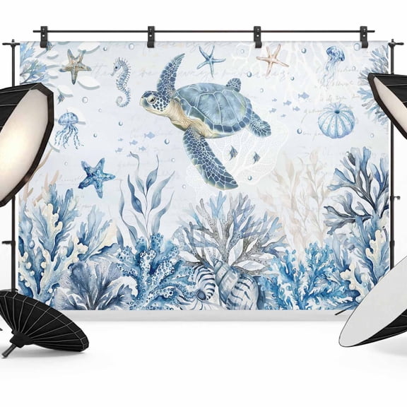 Marine Life Photography Backdrop 7x5FT, Ocean Turtle Coral Starfish Seashell Coastal Undersea World Photo Backdrops, Background for Photography Studio, Back Drop for Photoshoot