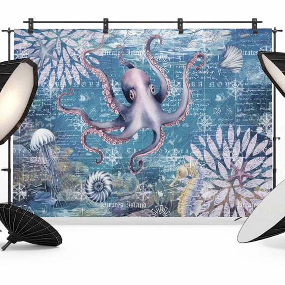 Marine Life Photography Backdrop 7x5FT, Octopus Shells Seahorse Retro Nautical Ocean Photo Backdrops, Background for Photography Studio Photo Studio Background, Back Drop for Photoshoot